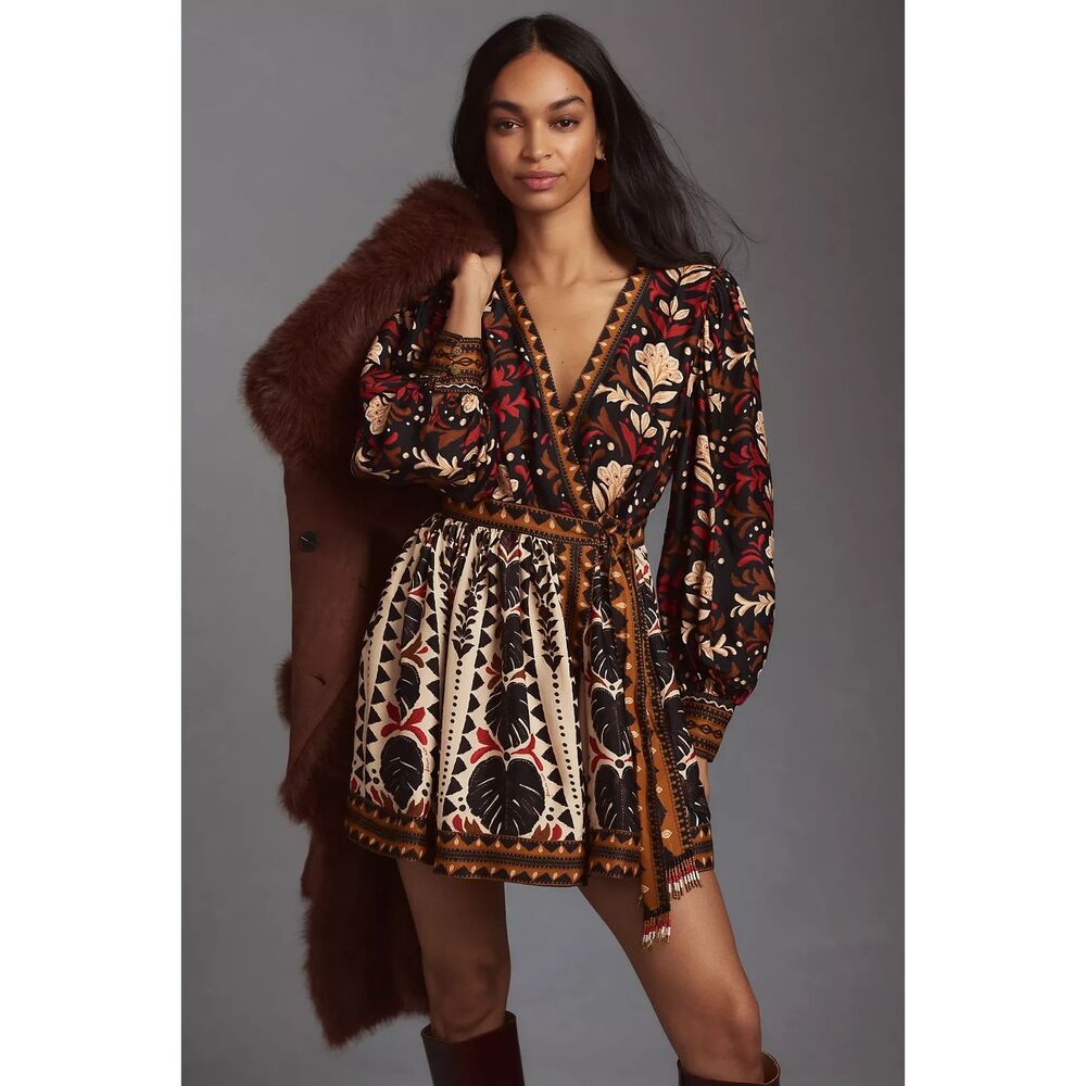 FARM RIO Tapestry Garden V Neck Wrap Mini Dress Medium - Picture 2 of 6